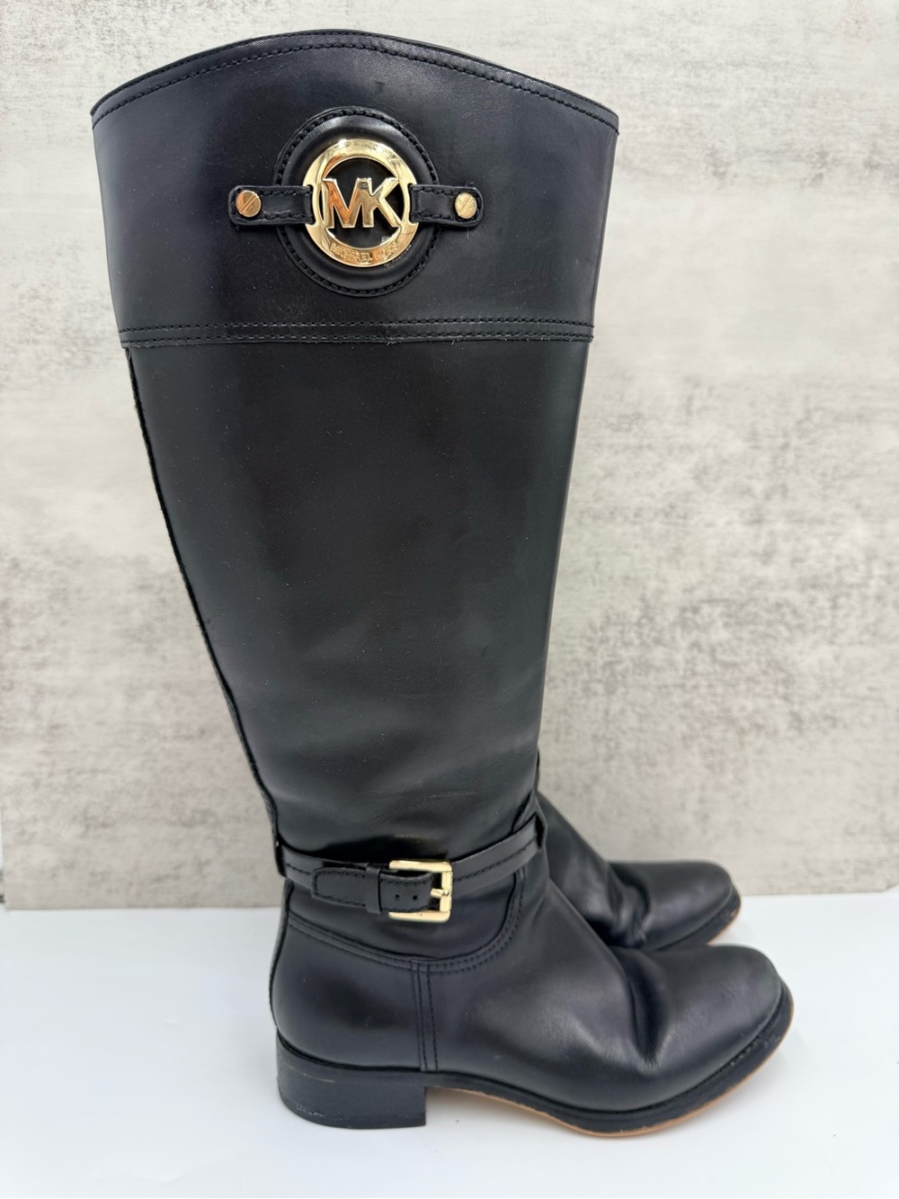 Michael Kors Stockard Boots Women’s 7M Black Leather Wide Shaft Knee High Gold